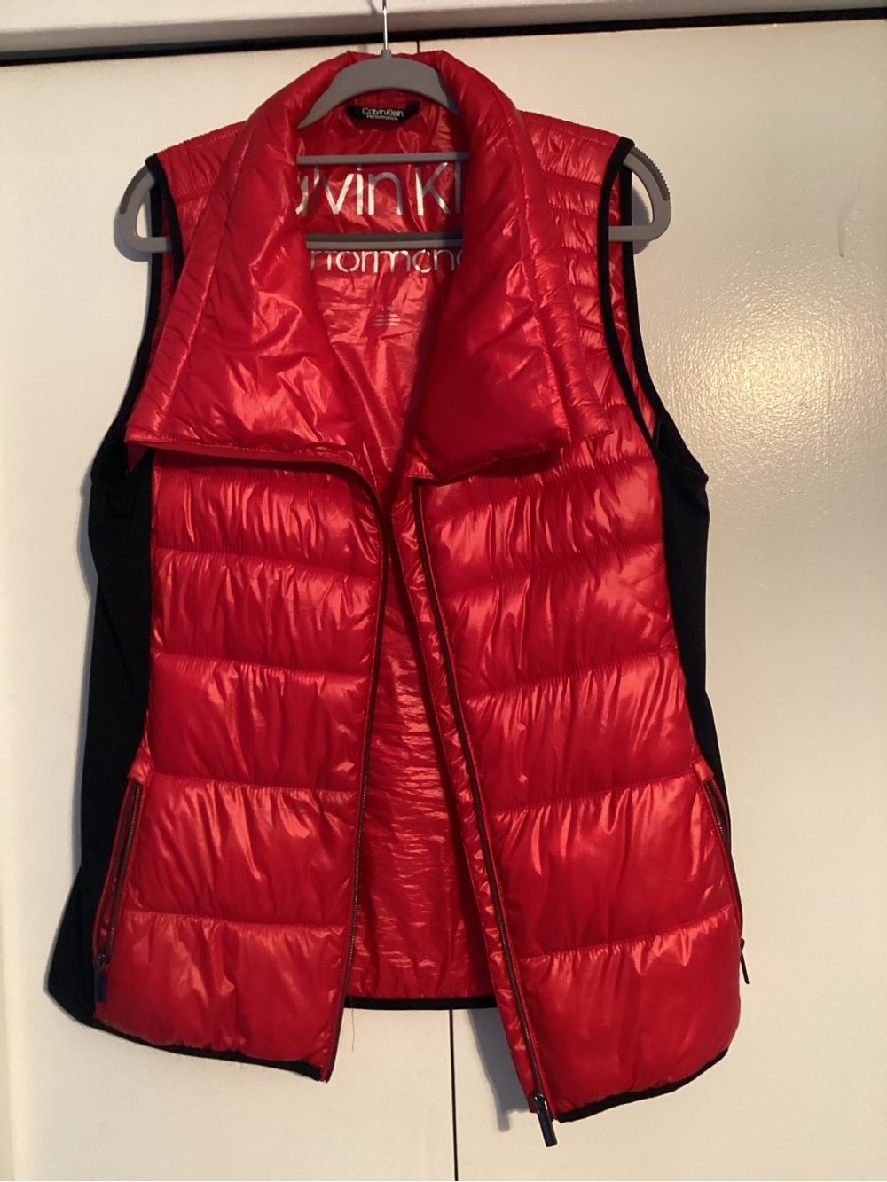 Calvin Klein Red Quilted Puffer Vest with Black Side Panels